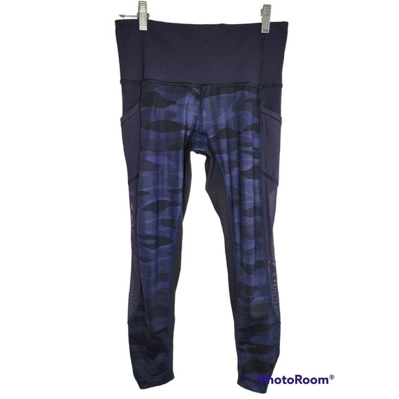 Lululemon Seek The Heat Crop Leggings Size 6 Blue Camo Luxtreme Mesh Gym Crops - Picture 1 of 11
